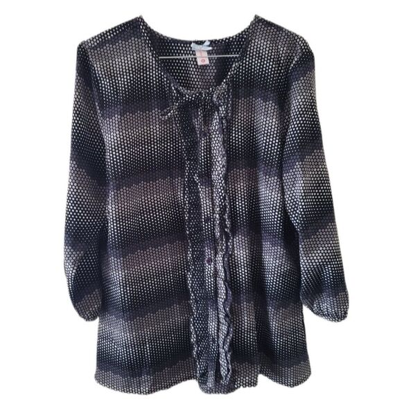 DownEast Patterned Button Down Ruffle Front Blouse - Picture 1 of 4